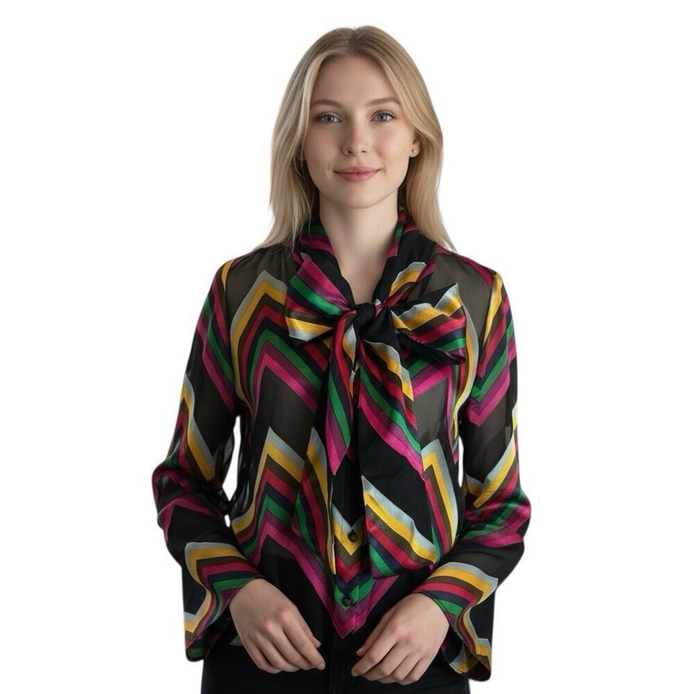 Alice + Olivia Colorful Striped Silk Bowtie Sheer Button Top Sz XS Blouse Preppy
